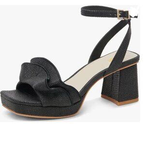 Pazzion Black Platform Square Toe Pleated Ruffle Chunky High Heels Strap Sandals